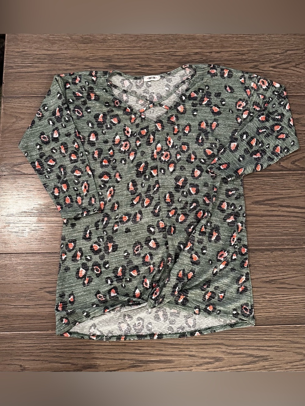 First Love Olive Green Leopard Print V-Neck Blouse with Coral Accents